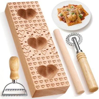 Valentine's Day Mold Heart Ravioli Mold Set Include Heart Ravioli Maker Press 2 Pasta Cutter Stamp Makers 1 Wood Rolling Pin Empanada Making Tool for Valentine's Day Kitchen Gift Homemade Cooking