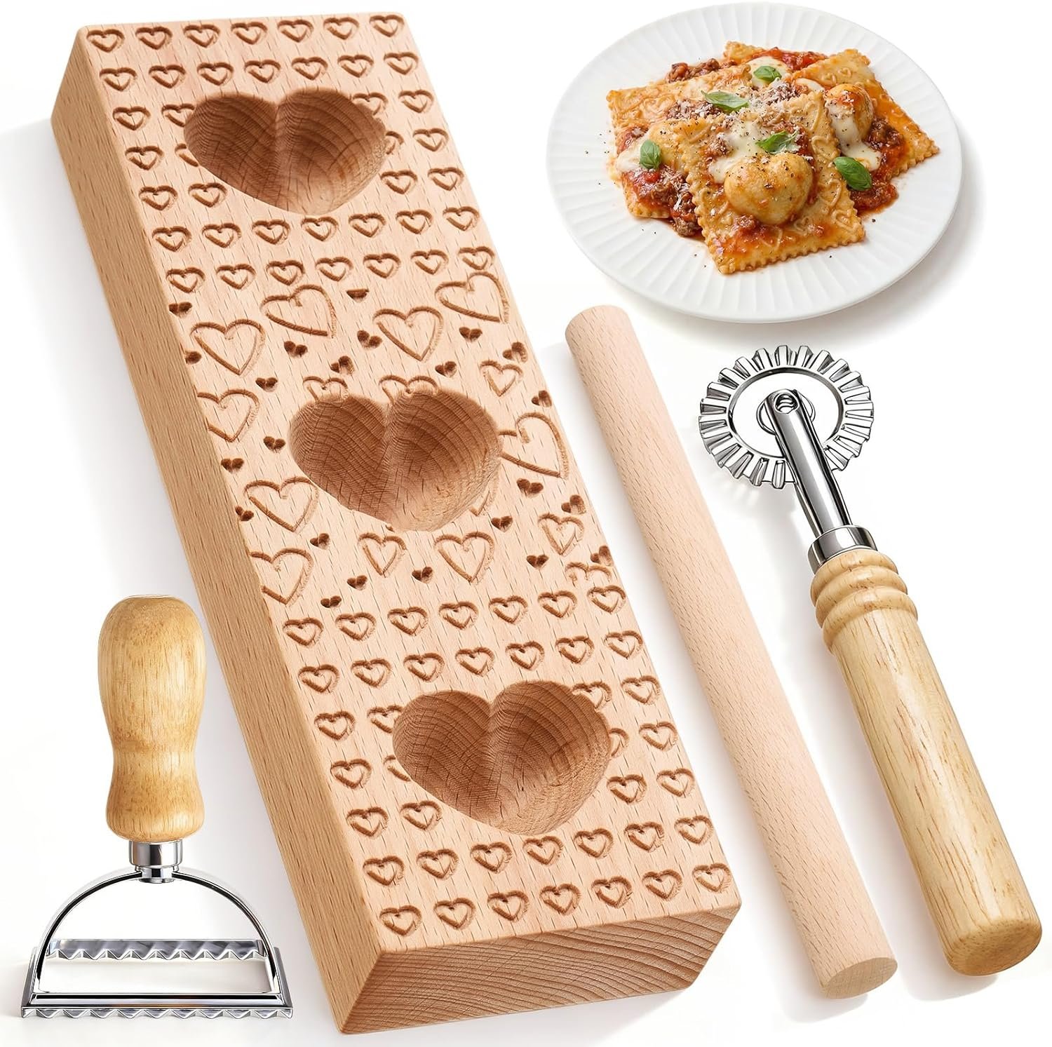 Valentine's Day Mold Heart Ravioli Mold Set Include Heart Ravioli Maker Press 2 Pasta Cutter Stamp Makers 1 Wood Rolling Pin Empanada Making Tool for Valentine's Day Kitchen Gift Homemade Cooking