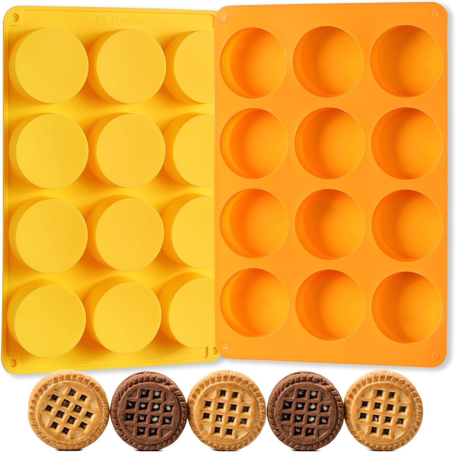 2 Pcs Oreo Chocolate Cookie Silicone Molds, 12-Cavity Round Silicone Mold, Baking Mold for Oreo, Chocolate, Cookie, Candy, Mini Cake, Jelly (Orange + Yellow) - Image 9