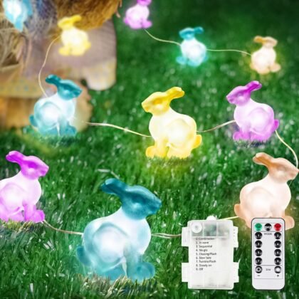 EXF Easter Decorations Bunny Pastel Fairy Lights, Battery Operated with Remote & 8 Modes & Timer, Waterproof Easter String Lights for Indoor Spring Themed Party Decor (Multi Color)