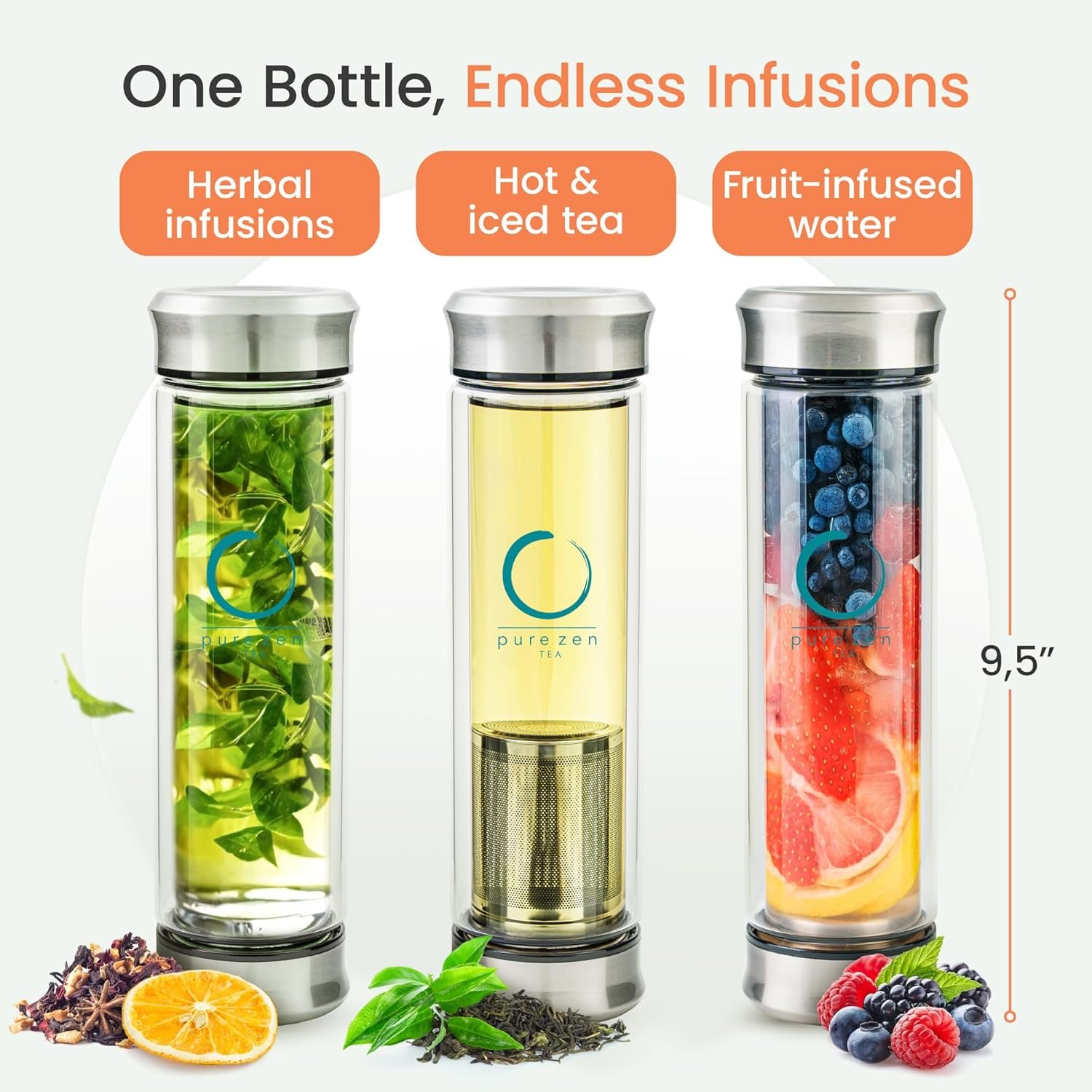 Pure Zen Tea Tumbler with Infuser - Double Wall Glass Travel Mug with Stainless Steel Filter - Leakproof Tea Infuser Bottle for Loose Leaf Infusions and Fruit Infused Water - Unique Gift Set - 13 oz - Image 2