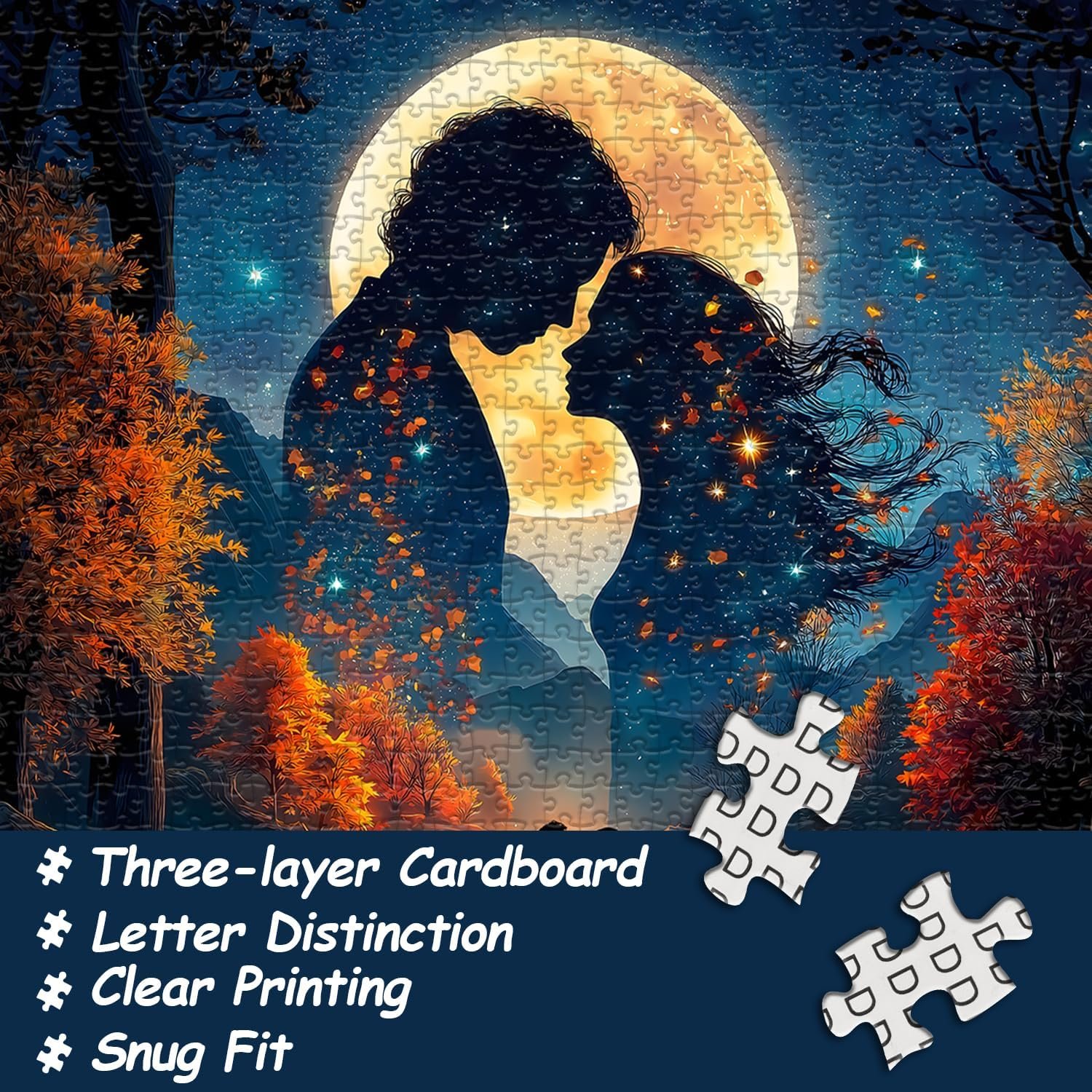 Romantic Couple Puzzles for Adults 1000 Pieces, Full Moon Night Landscape Jigsaw Puzzle with Autumn Scenery Love Themed, Nature Scenic Flower Tree Mountain Puzzle, Challenging for Adults - Image 3