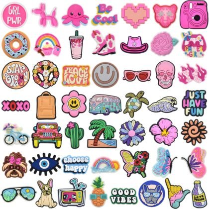 50 Pcs Different Shoe Charms for Clog Shoe Decoration, Cute Preppy Hippie Charms for Girls Boys Teens Adults, Pink Charm for Shoes Accessories Bracelet Wristband Party Favors