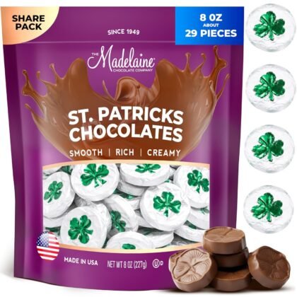 Madelaine St. Patrick's Day Solid Premium Milk Chocolate Shamrocks - ½ LB Bag Individually Wrapped Chocolate Candy in Matte White Foil with Green Shamrock - St. Patrick's Day Candy for Everyone