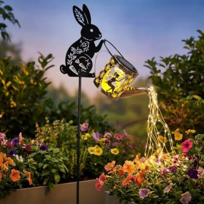LOVERUIS Garden Statues Bunny with Solar Watering Can Lights, Cute Outdoor Bunny Figurines Easter Garden Decor for Patio Yard Lawn Ornaments, Unique Gift for Women Mom Grandma