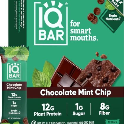IQBAR Clean Plant Protein Bars - Chocolate Mint Chip - 12 Count - Keto, Vegan, High Fiber, Gluten and Dairy Free, Low Sugar Snack - Brain and Body Nutrients for Focus, Energy, Meal Replacement
