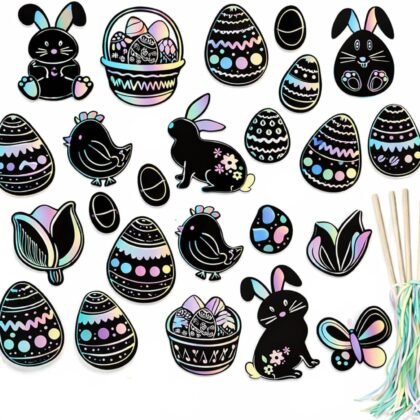 Iconikal 48-Count Easter Scratch Paper Ornaments, Art & Craft Bulk Pack with 24 Sticks Pastel Colored Underlayer