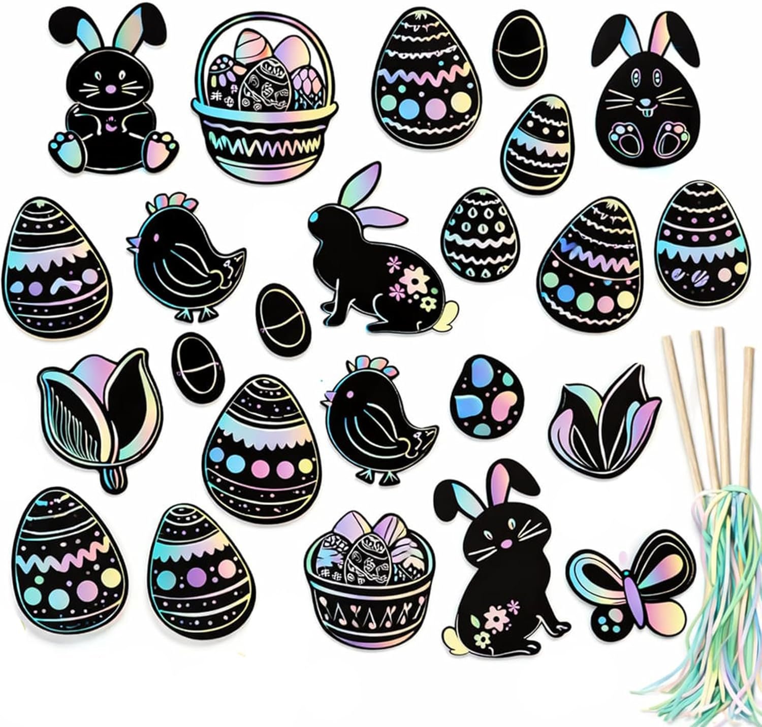 Iconikal 48-Count Easter Scratch Paper Ornaments, Art & Craft Bulk Pack with 24 Sticks Pastel Colored Underlayer