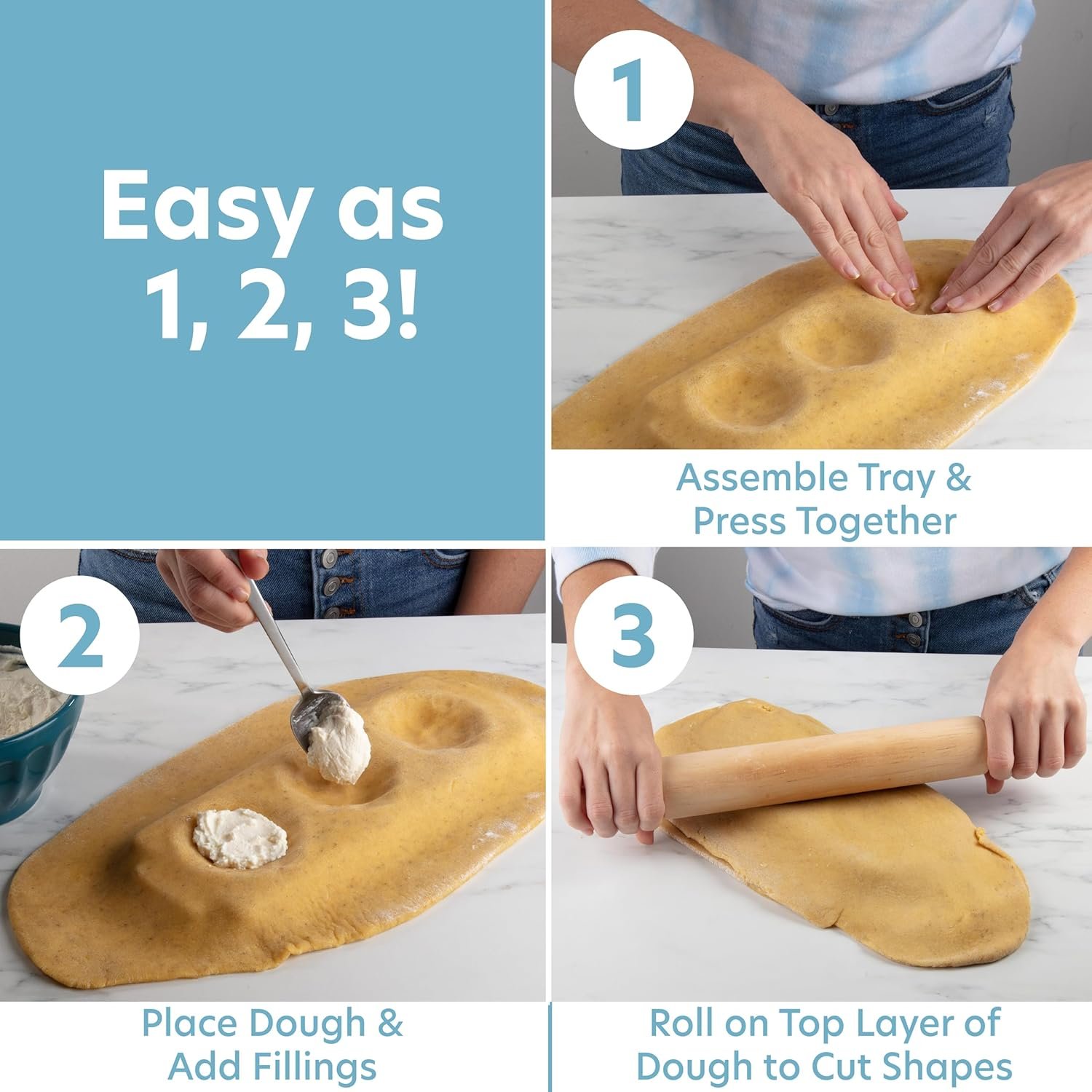 Jumbo 3" Heart Ravioli Molds 2 PK- Homemade Filled Pasta Maker- 2 pc Tray & Press makes 3 Large XL Italian Raviolis, Easy to Use Clean- Add Love to Italian Dinner- Cute Housewarming Gift, Date Night - Image 3