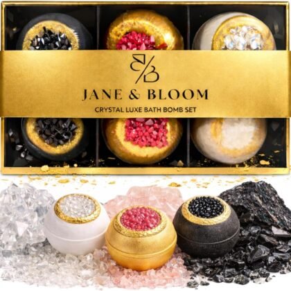 Crystal Luxe Bath Bomb Set, 6 Luxury Bath Bombs by Jane & Bloom, Moisturizing Fizzies for Relaxing Home Spa, Gift Set for Women, Men and Teens, Valentine's Day Gift Set