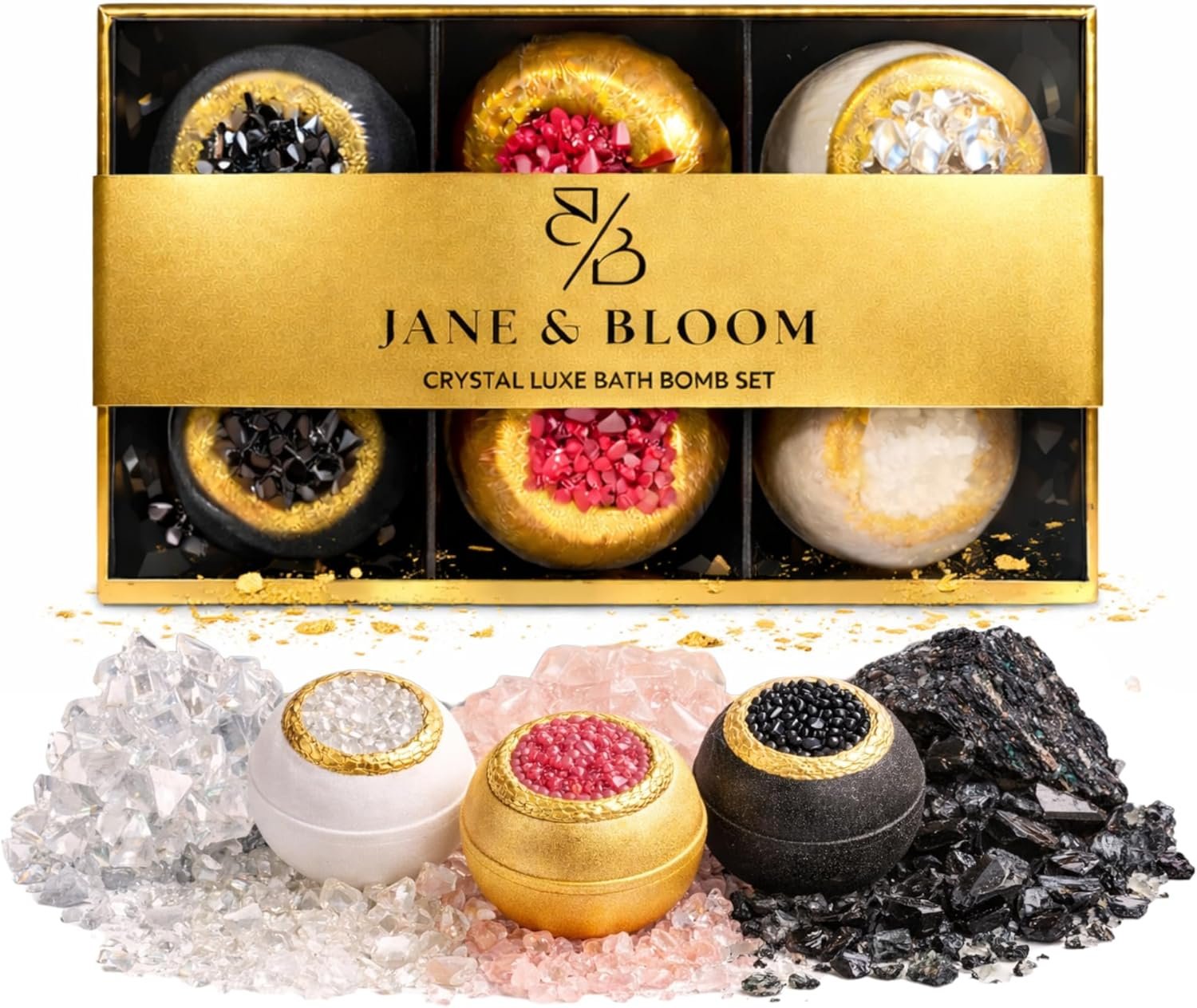 Crystal Luxe Bath Bomb Set, 6 Luxury Bath Bombs by Jane & Bloom, Moisturizing Fizzies for Relaxing Home Spa, Gift Set for Women, Men and Teens, Valentine's Day Gift Set