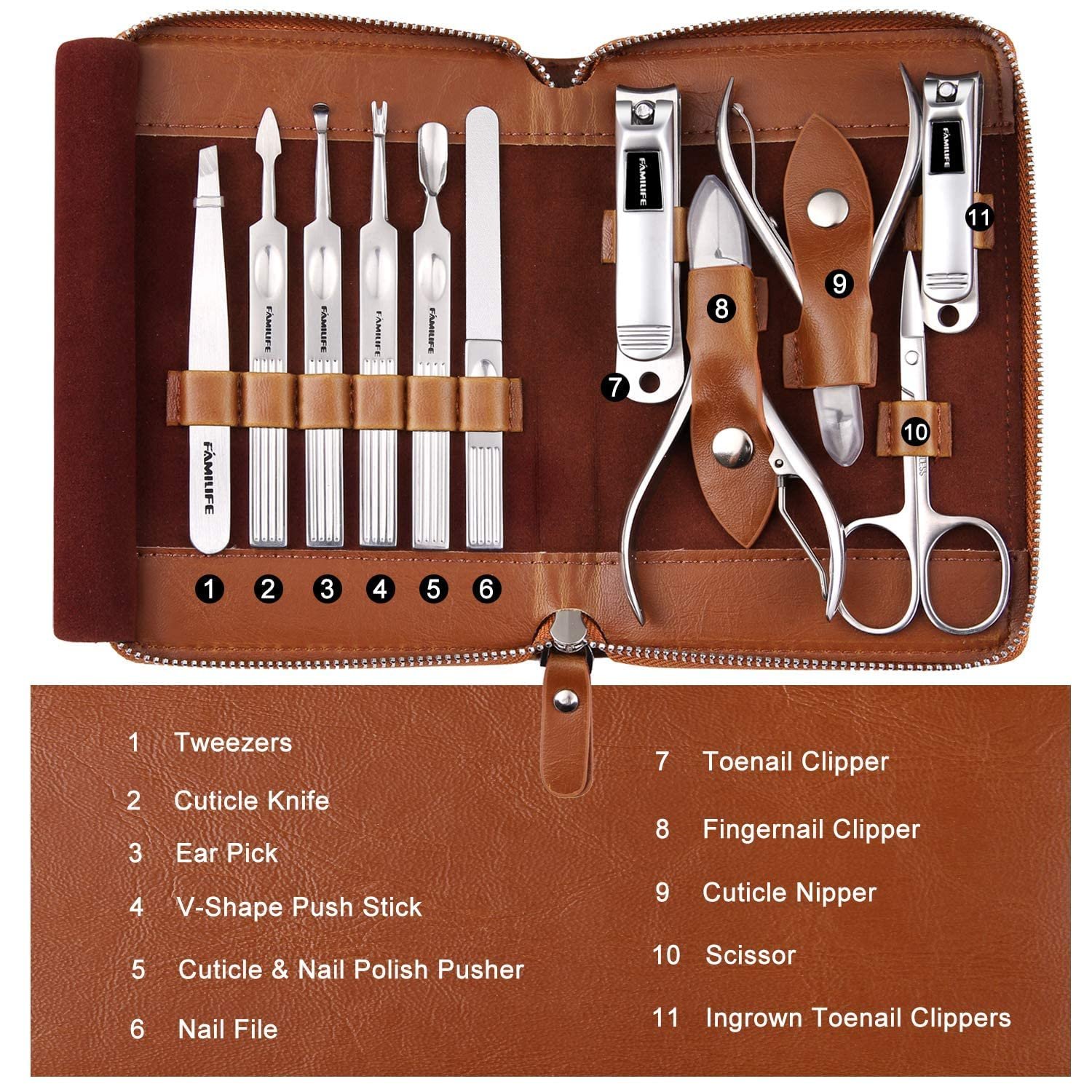 FAMILIFE Manicure Set, Professional Manicure Kit Nail Clippers Set 11 in 1 Stainless Steel Pedicure Tools Nail Kit Men Grooming Tool with Portable Brown Leather Travel Case Luxury Gifts for Him - Image 9