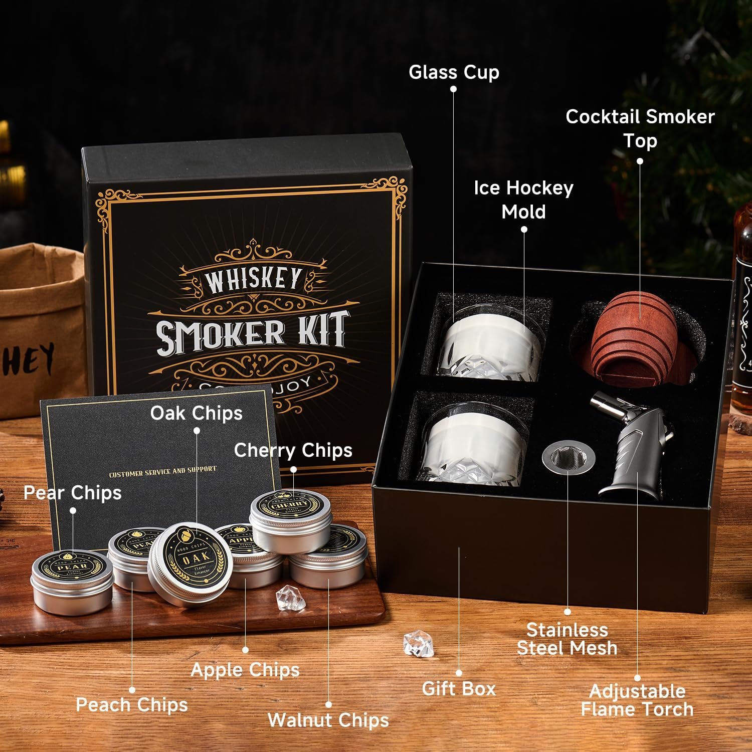 Whiskey Smoker Kit with Torch - 6 Flavors Wood Chips, 2 Glasses, 2 Ice Ball Molds - Cocktail Smoker Infuser Kit, Old Fashioned Drink Smoker Kit, Birthday Bourbon Whiskey Gifts for Men,Dad(NO Butane) - Image 9