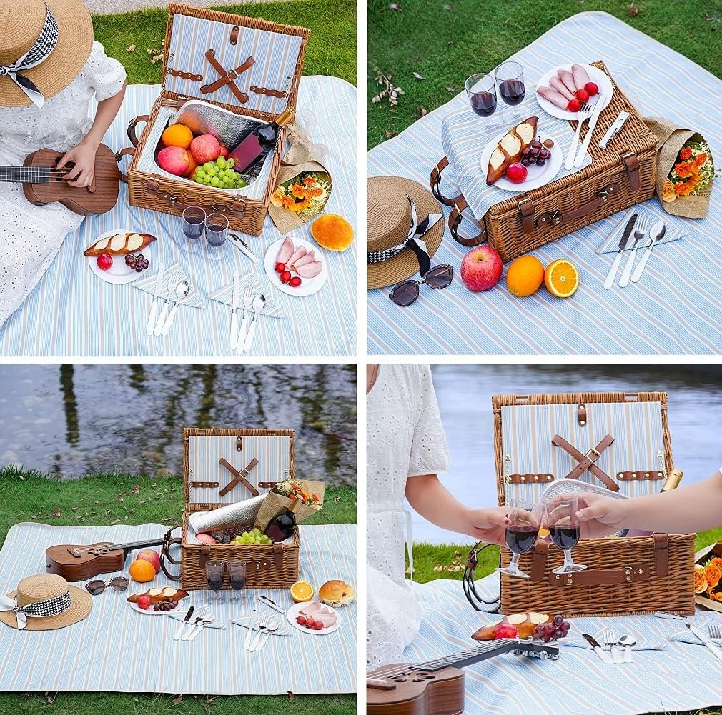 Picnic Basket Set for 2 Persons, Willow Hamper with Large Insulated Cooler Compartment, Waterproof Blanket and Cutlery Service Kit-Classical Brown - Image 2