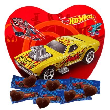 Hot Wheels Valentine with Individually Wrapped Solid Milk Chocolates, Car Themed Heart-Shaped Tin Exchange Candies for Classrooms, Unique Gifts for Him