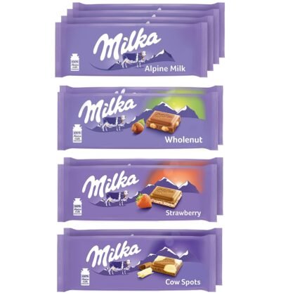 Milka European Chocolate Bars Variety Pack, Alpine Milk Chocolate, Cow Spots, Strawberry & Wholenut Hazelnut, 10 - 3.52 oz Bars