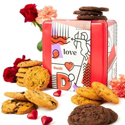 David’s Cookies Assorted Cookie in Love Gift Tin, Fresh Baked Gourmet Dessert Sampler, Soft Handmade Cookie Variety, Premium Bakery Cookies for Gifting, 2lb - Gourmet Cookies Gift Basket
