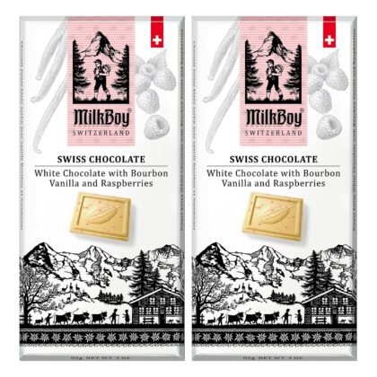 MilkBoy Swiss Chocolates - Premium White Chocolate Bars with Bourbon Vanilla and Raspberry - Candy Bars, Gluten Free, Non-GMO, Kosher - 3 oz (Pack of 2)