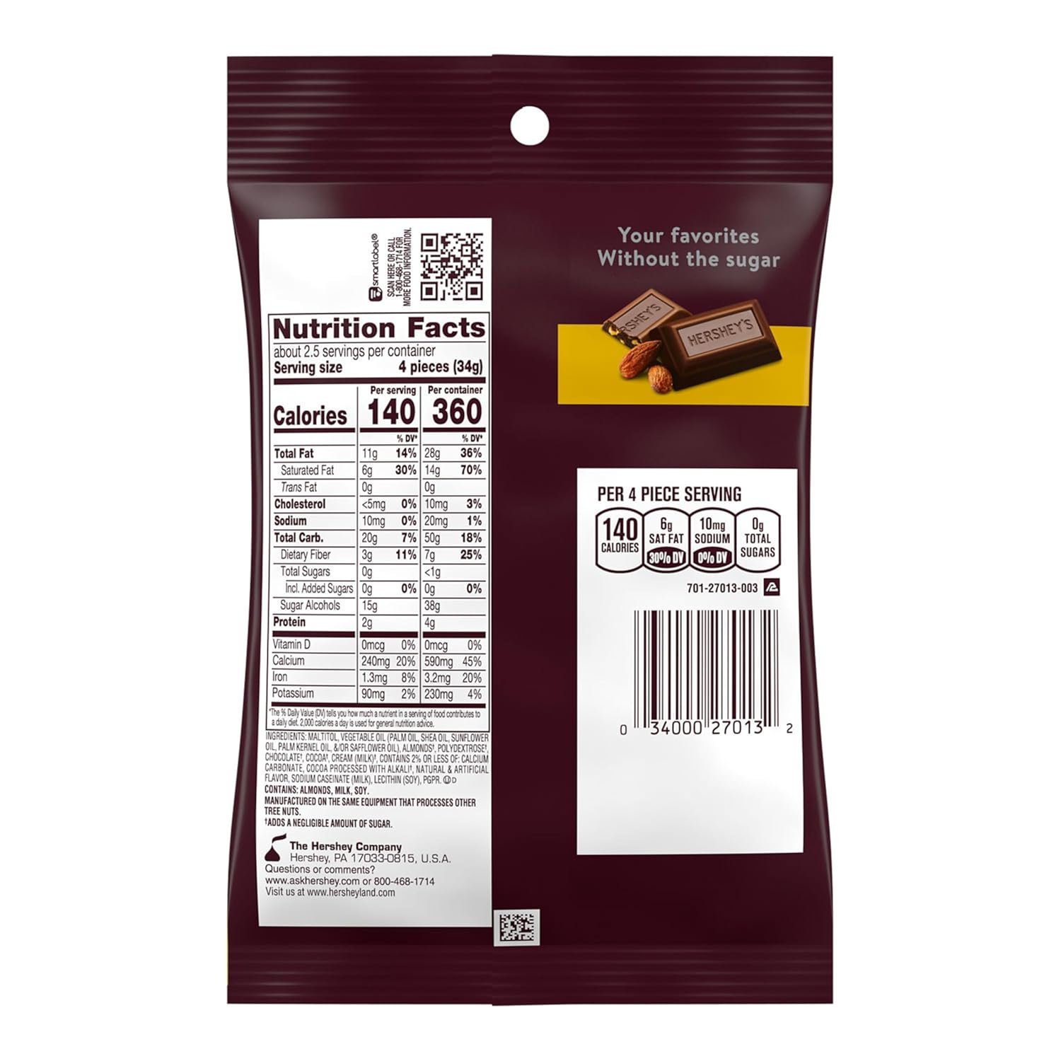 HERSHEY'S Zero Sugar Chocolate with Almonds Candy Bag, 3 oz - Image 2