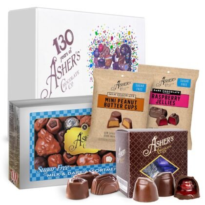 Asher's Chocolates Holiday Gift Box, Milk and Dark Chocolate Assortment, Small Batches of Kosher Chocolate, Family Owned Since 1892, Assorted Chocolate Gift Set (4 Sugar Free Items, Sugar Free Lovers)
