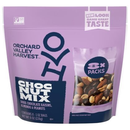 Orchard Valley Harvest Choc Nut Mix Multipack, 1 oz (Pack of 8), Dark Chocolate Raisins, Almonds & Peanuts, Gluten Free, Stand Up Bag, Non-GMO, 4g Plant Based Protein Per Serving, On-The-Go Snack