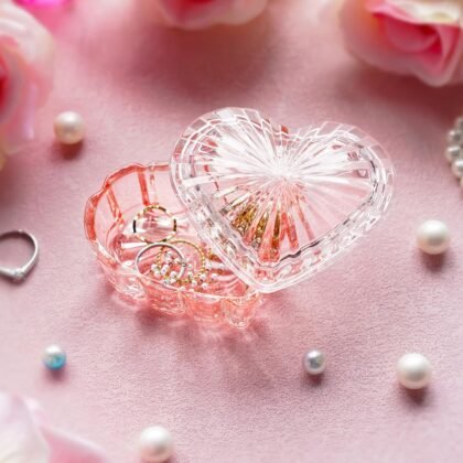 kanpura Glass Heart Shaped Jewelry Box Candy Dish with Lid Ring Earring Trinket Storage Box Vintage Jewelry Organizer Decorative Jar Christmas Gift for Women Girls(Pink)