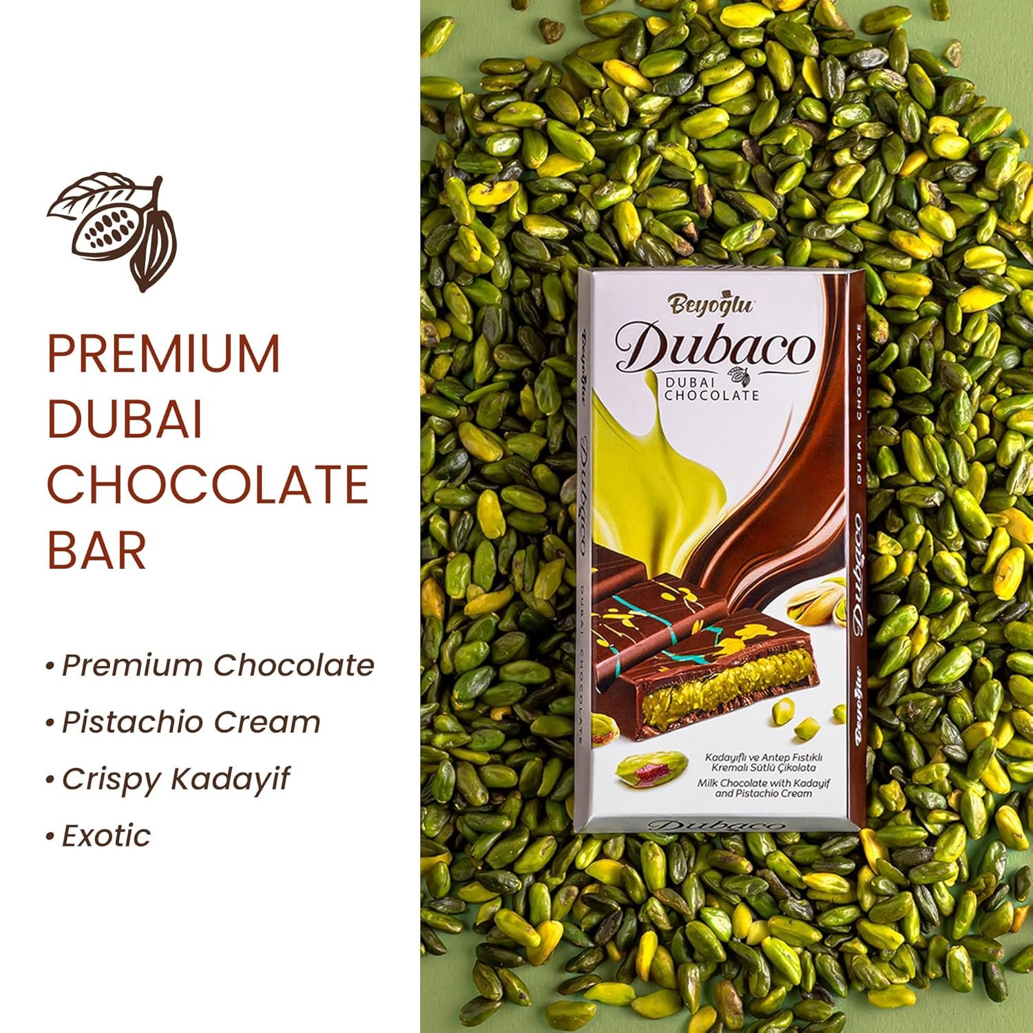 Beyoglu Dubaco Dubai Chocolate Bar Pistachio 7.05 Oz (Pack of 1), Luxury & Premium Dubai Milk Chocolate Bar Filled with Pistachio Butter & Shredded Knafeh Kadayif - Image 4