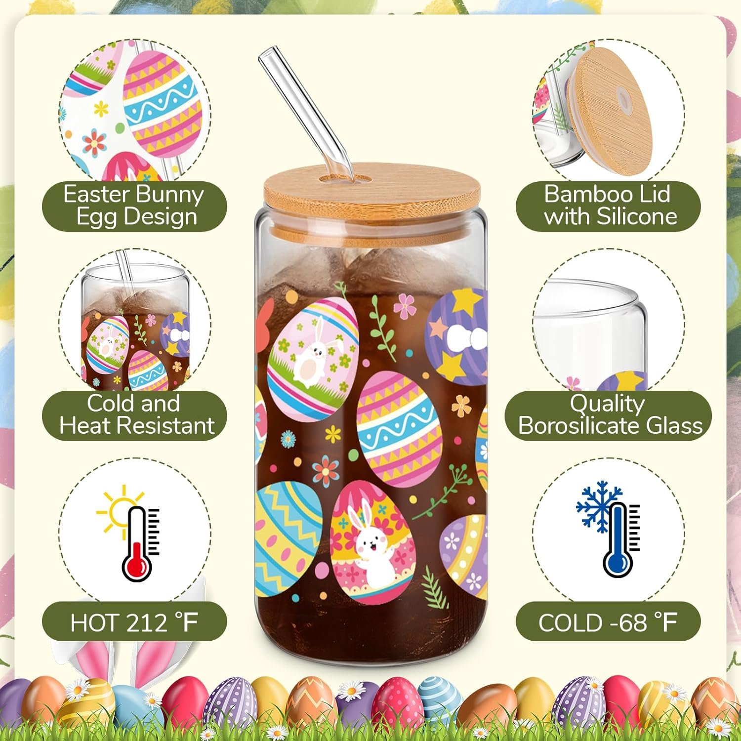 Yungyan 6 Pcs Easter Glass Cup with Lids and Straws, 16 oz Eggs Tumbler Easter Drinking Glasses Iced Coffee Cup Drinking Jars for Women Men Couple Lover Birthday Party Favor Gift - Image 5