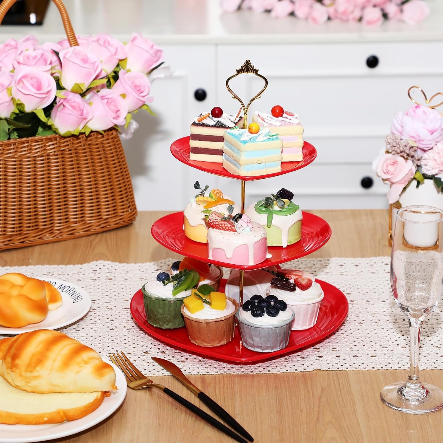 Layhit 4 Pack Valentine‘s Day 3 Tier Cupcake Stand Heart Shaped Serving Trays for Party Plastic Dessert Cupcake Stand for Tea Party Baby Shower Wedding(Red) - Image 3