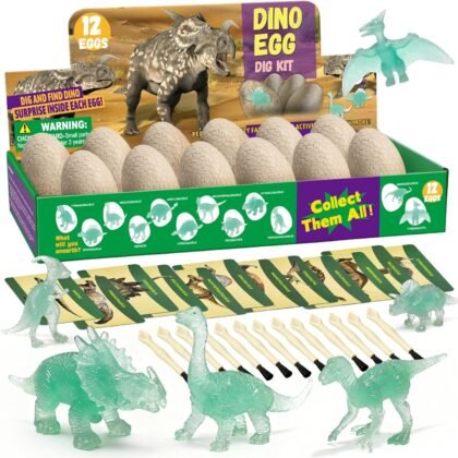 Dinosaur Egg Excavation Dig Kit for Kids - 12Pack Easter Basket Stuffers, Glow in The Dark Dino Easter Eggs, Dinosaur Toys Easter Gift for 3 4 5 6 7 8 Year Old