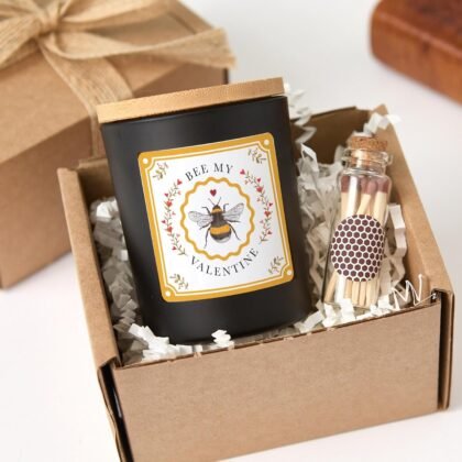 Be My Valentine Candle Gift Set with Matches and Box, Bee Design-Black/Amber Sweet Orange