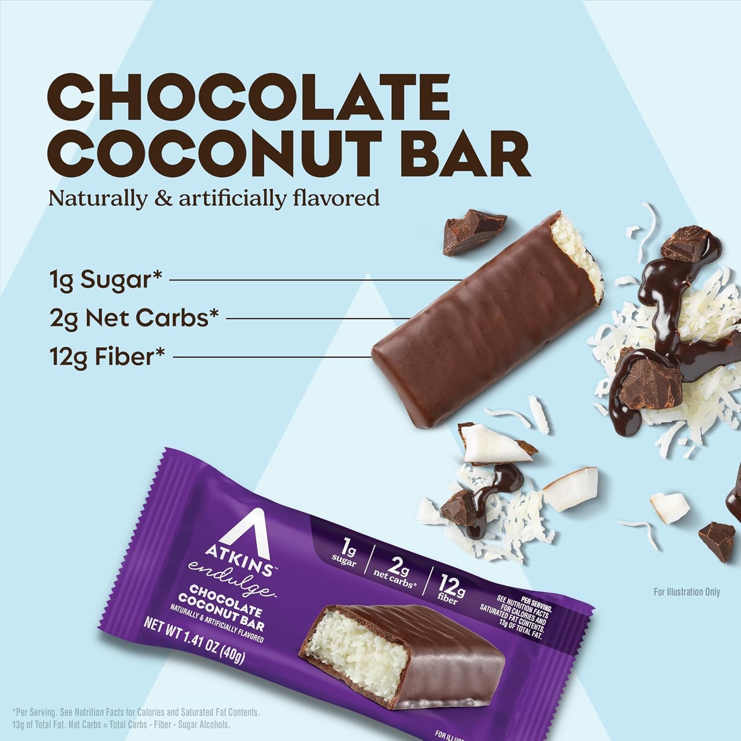 Atkins Endulge Chocolate Coconut Flavored Snack Bar, 1g Sugar, 12g Fiber, Low Sugar Snack, High Fiber Bars, Keto Friendly Treat, 16 Count - Image 2