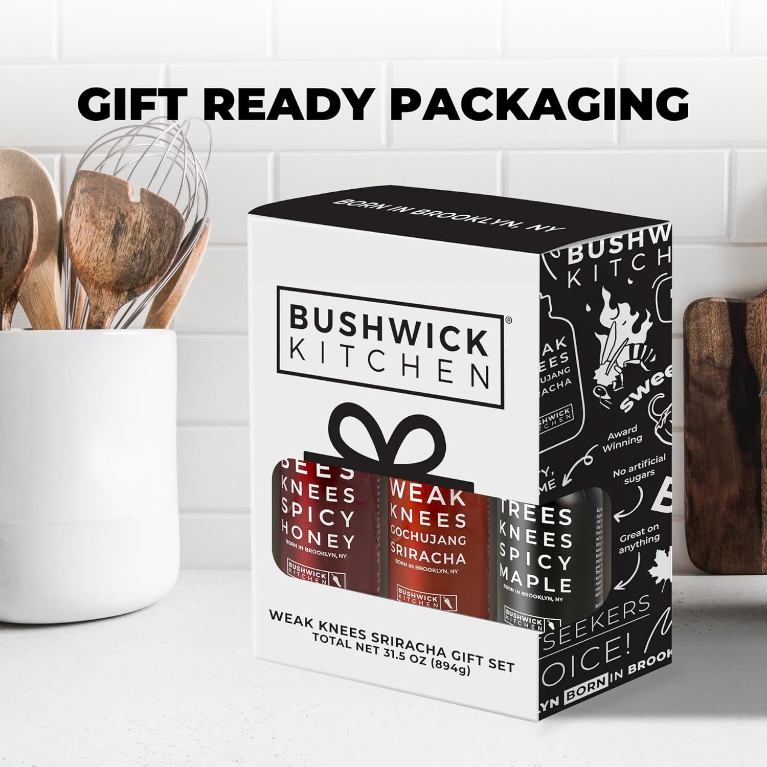 Bushwick Kitchen Spicy Sampler Gift Box, Set Includes our Gochujang Sriracha, Spicy Maple Syrup, and Spicy Honey Hot Sauces, 5 Recipes, Chile Pepper Dish Towel, and Bushwick Kitchen Gift Box - Image 4