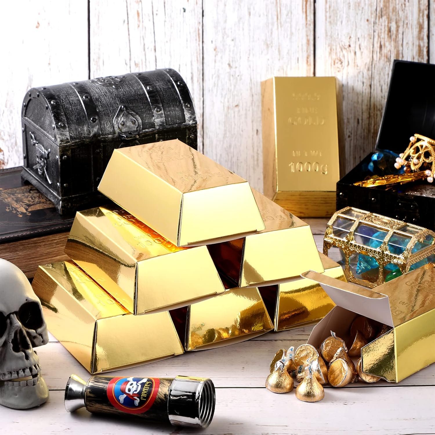 Honoson 24 Pcs Gold Bar Fake Gift Box Foil Gold Bar Party Favor Boxes Paper Golden Favor Boxes Treasure Brick for Pirate Casino Theme Party Decorations Candy Treats Chocolate Toys, 5.5 x 3.2 Inches - Image 4