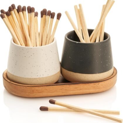 Decorative Ceramic Match Holder with Wooden Tray - Set of 2 Beautiful Matte Holders with Striker are an Upgrade to Any Home Decor - Enhance Your Living Room with Cute Jars - Matches Not Incl.