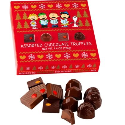 Peanuts Chocolate Truffles Christmas Gift Box, Snoopy Gourmet Belgian Chocolate Gifts for Adults and Kids, Charlie Brown Present, Kosher Holiday Candy