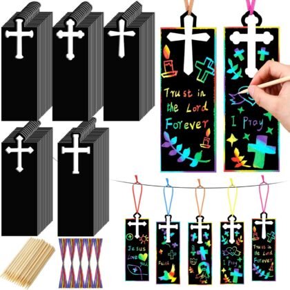 Eersida 100 Pcs Christian Cross Scratch Cards Cross Ornaments DIY Bookmarks Paper Cards Rainbow Color Craft Kit Scratch Off Paper Religious Party Favors Easter Baptism Birthday Gifts Church Decor