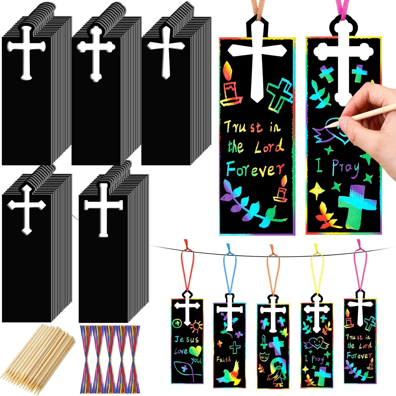 Eersida 100 Pcs Christian Cross Scratch Cards Cross Ornaments DIY Bookmarks Paper Cards Rainbow Color Craft Kit Scratch Off Paper Religious Party Favors Easter Baptism Birthday Gifts Church Decor