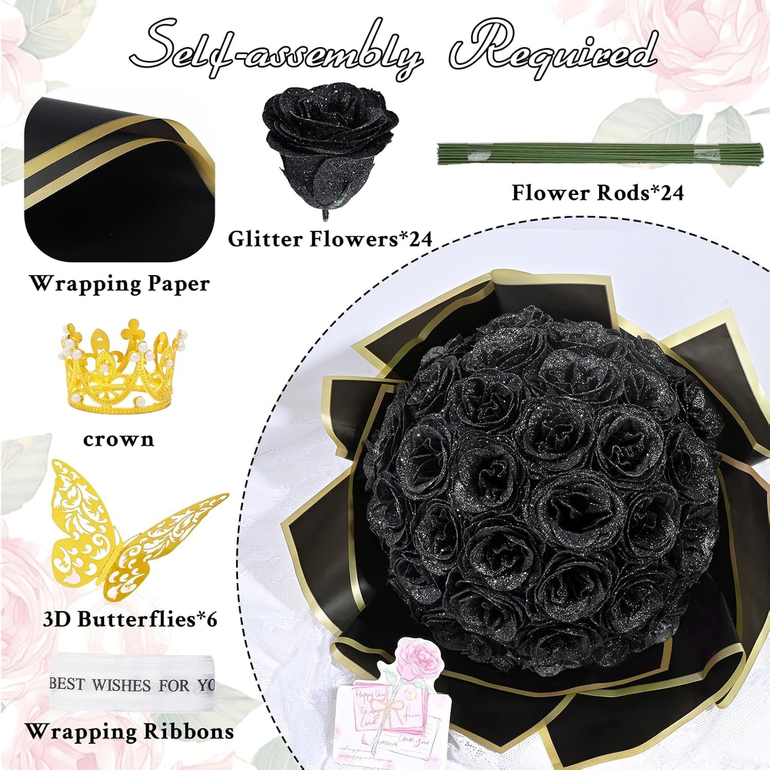 Waipfaru Glitter Roses Bouquet, DIY Fake Flowers Bouquet, Birthday Gifts for Women Mom, 24 Pcs Black Rose for Grandma Wife Girlfriend Valentines, Mothers Day, Anniversary, Graduation - Image 7