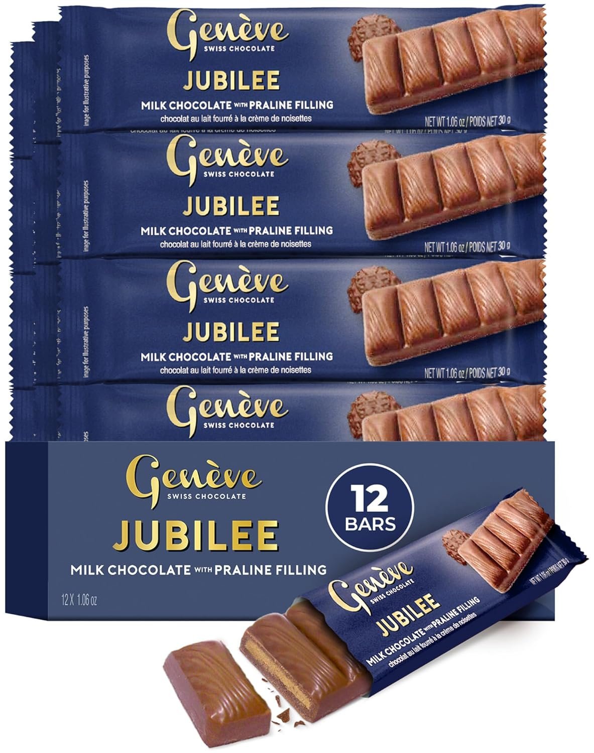 Genève Swiss Milk Chocolate Bars with Praline Filling, 1 oz (12 Pack) | Geneve Jubilee | Individually Wrapped | Rich & Creamy | Kosher (including Passover)