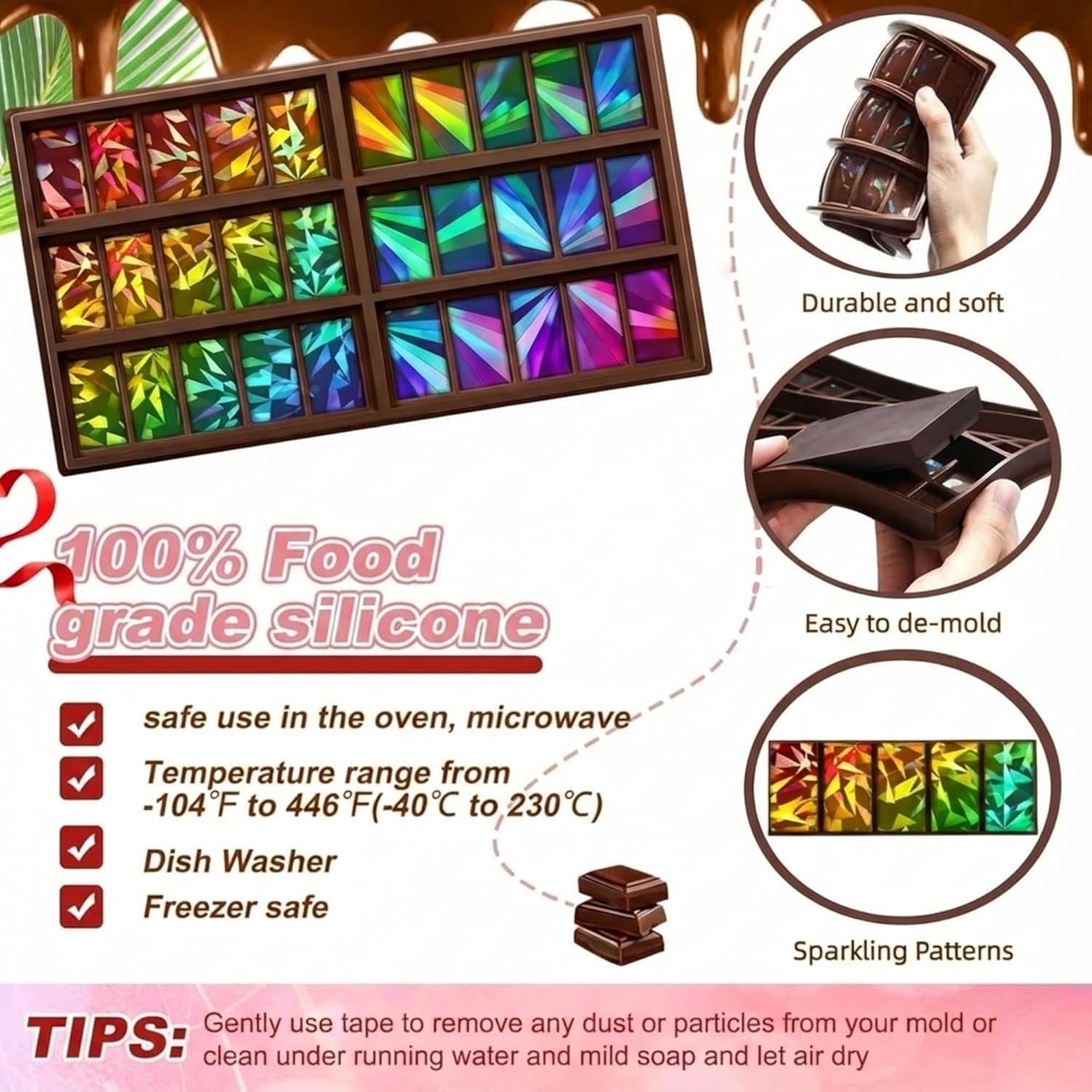 Windmill and Diamond Holographic Chocolate Bar Mold Silicone, Rainbow Light Effect Chocolate Bar Deep Thick Molds for DIY Candy Dessert Baking, Candy, Wax Melts, Cake Decoration (Rectangle) - Image 3