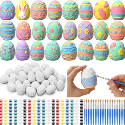 Foilswirl 50 Set Ceramic Easter Egg DIY Painting Kit Graffiti Art Crafts Spring Paint Your Own Easter Party Ceramic Egg Statues Bags Plaster Brushes Acrylic Paints Party Favor for Adults (New)