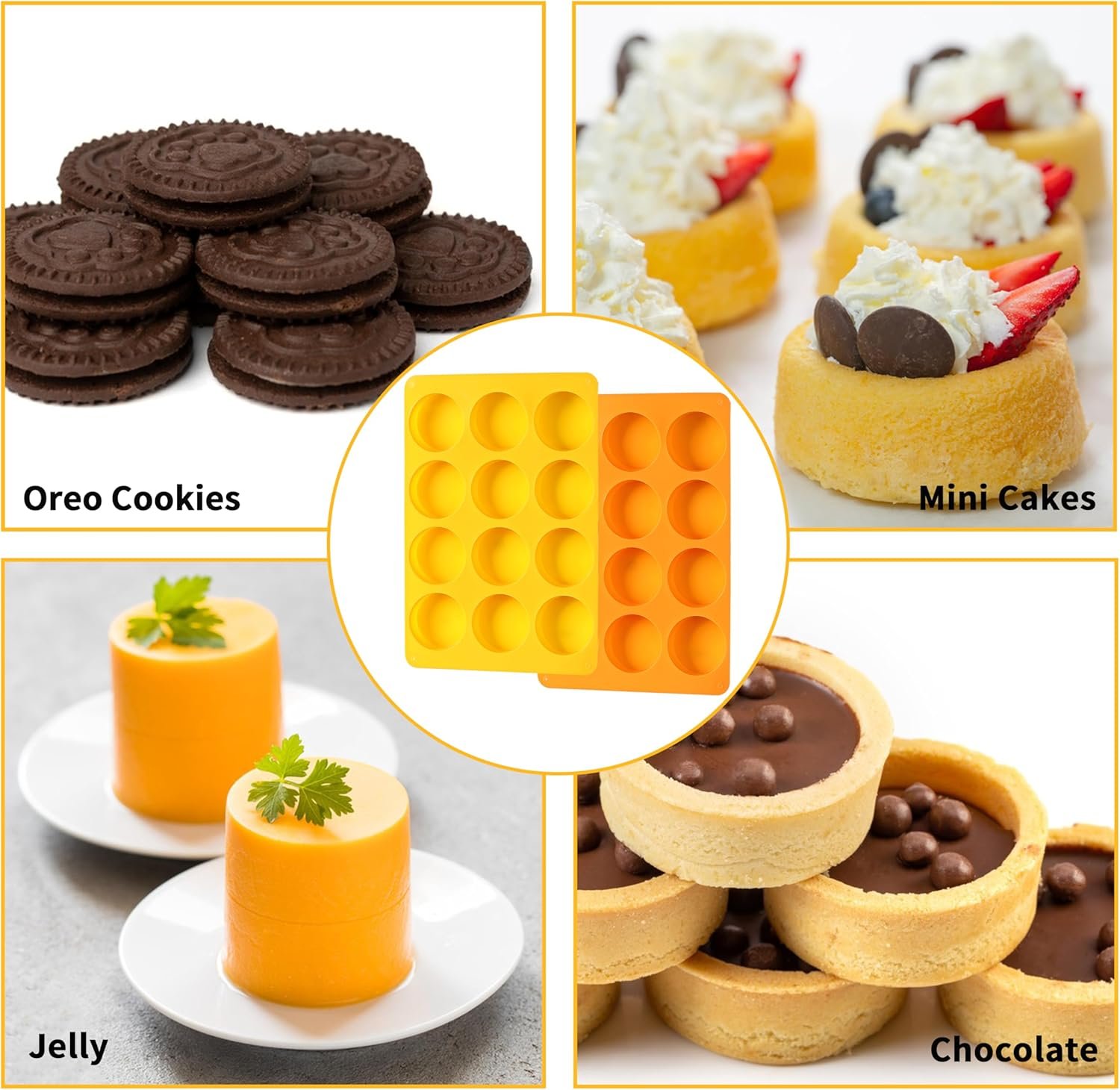 2 Pcs Oreo Chocolate Cookie Silicone Molds, 12-Cavity Round Silicone Mold, Baking Mold for Oreo, Chocolate, Cookie, Candy, Mini Cake, Jelly (Orange + Yellow) - Image 4
