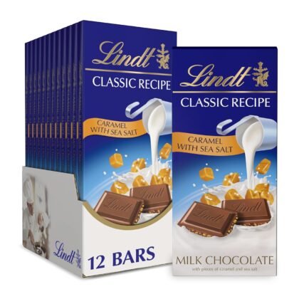 Lindt CLASSIC RECIPE Caramel with Sea Salt Milk Chocolate Bar, Milk Chocolate Candy with Pieces of Caramel and Sea Salt, 4.4 oz. (12 Pack)