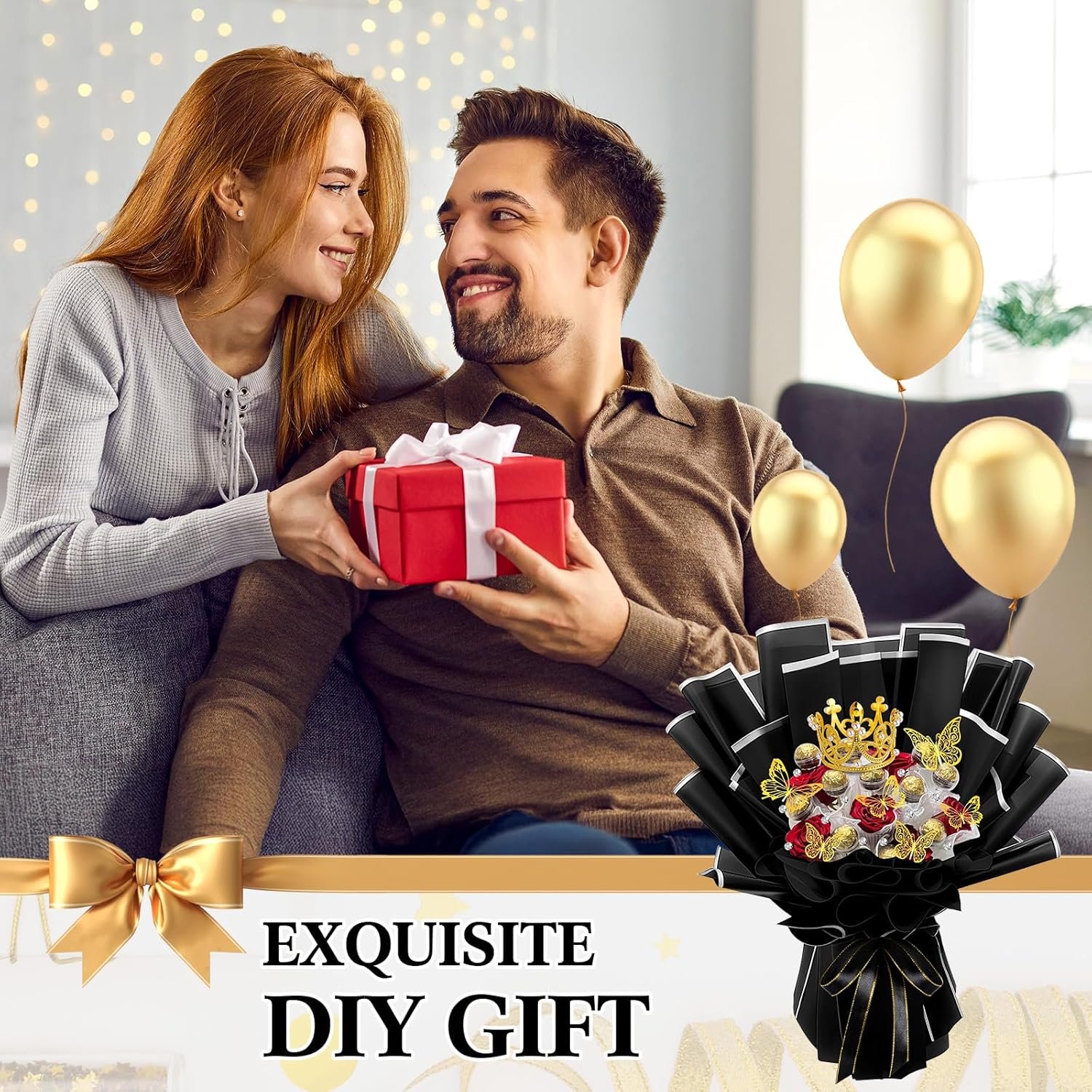 109 Graduation DIY Chocolate Flower Bouquet Kit 2026 Candy Rose Clear Acrylic Lollipop Ball Holder Floral Wrapping Paper 3D Gold Butterfly Crown Ribbon Grad Gift(Black and Silver) - Image 7