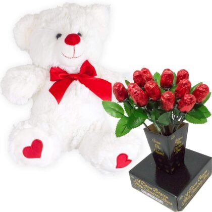 Valentines Day Gift Basket | Teddy Bear Plush 12 Inches (Color may Vary) & A dozen Belgian Milk Chocolate Rose Bouquet | For Her Wife Girlfriend Mother Daughter