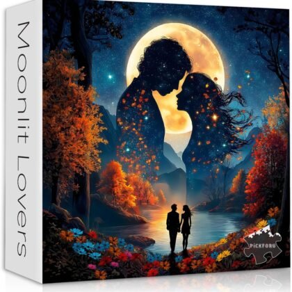 Romantic Couple Puzzles for Adults 1000 Pieces, Full Moon Night Landscape Jigsaw Puzzle with Autumn Scenery Love Themed, Nature Scenic Flower Tree Mountain Puzzle, Challenging for Adults