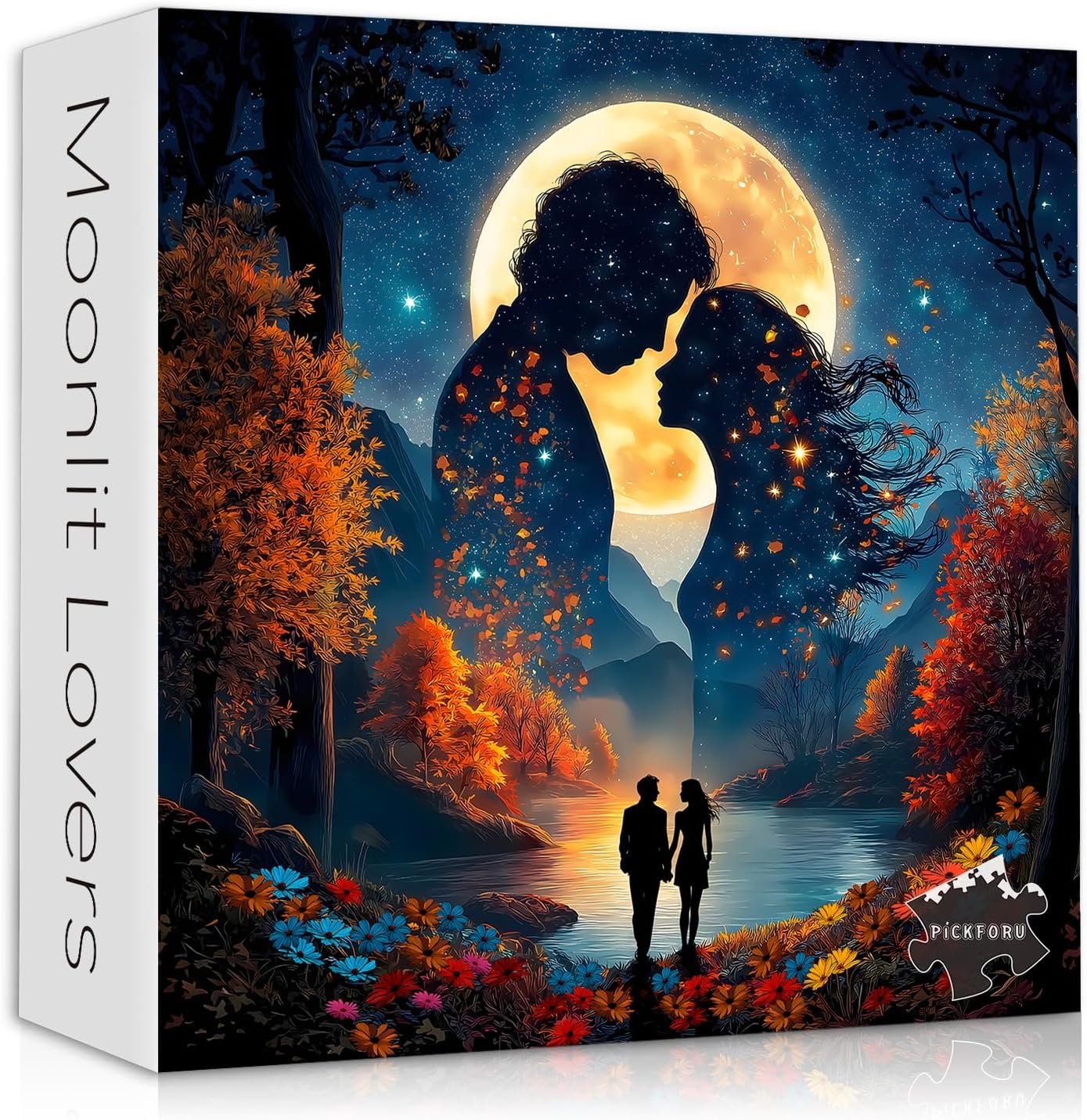 Romantic Couple Puzzles for Adults 1000 Pieces, Full Moon Night Landscape Jigsaw Puzzle with Autumn Scenery Love Themed, Nature Scenic Flower Tree Mountain Puzzle, Challenging for Adults