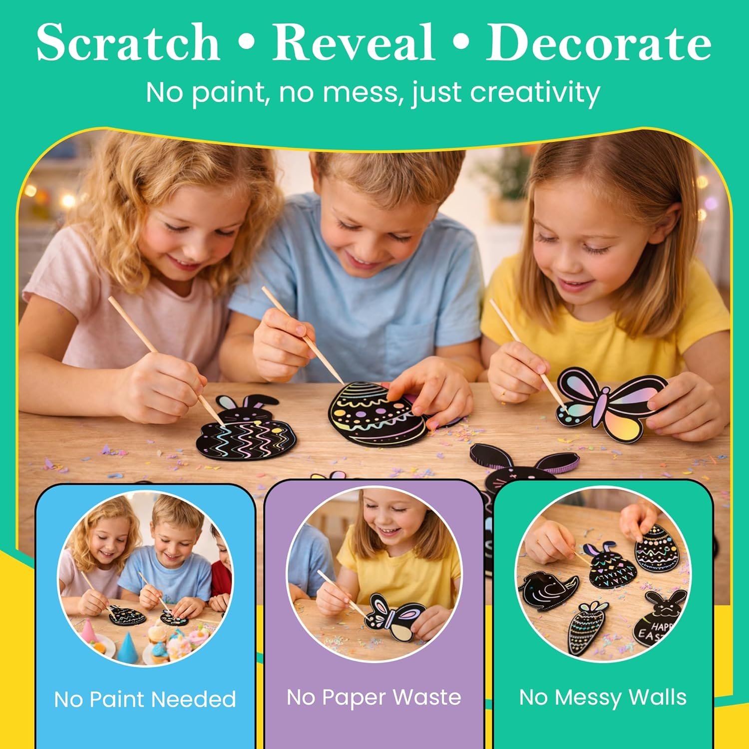 Iconikal 48-Count Easter Scratch Paper Ornaments, Art & Craft Bulk Pack with 24 Sticks Pastel Colored Underlayer - Image 7