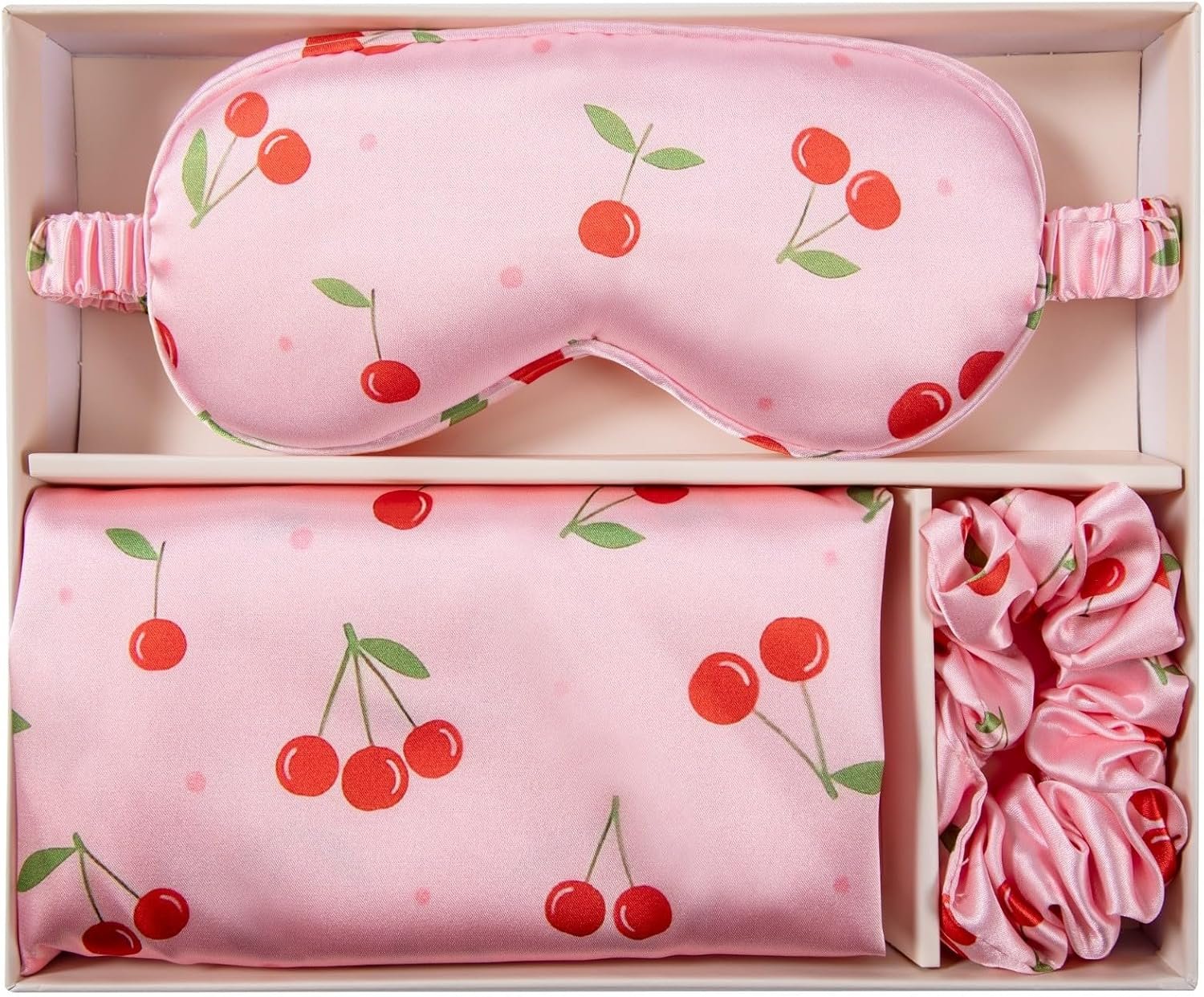 Slumber Satin Beauty Sleep Set, Cherry, 3-Piece Set with Pillowcase, Eye Mask, and Scrunchie - Image 2